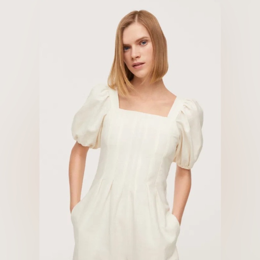MNG Mango puff sleeve cotton long jumpsuit, cream viscose/cotton/linen blend - Picture 4 of 17